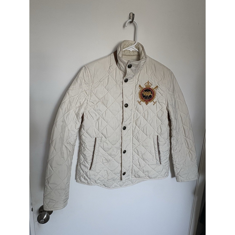 Ralph Lauren Sport Ivory Quilted Jacket Embroidered Crest Pockets Women S/P